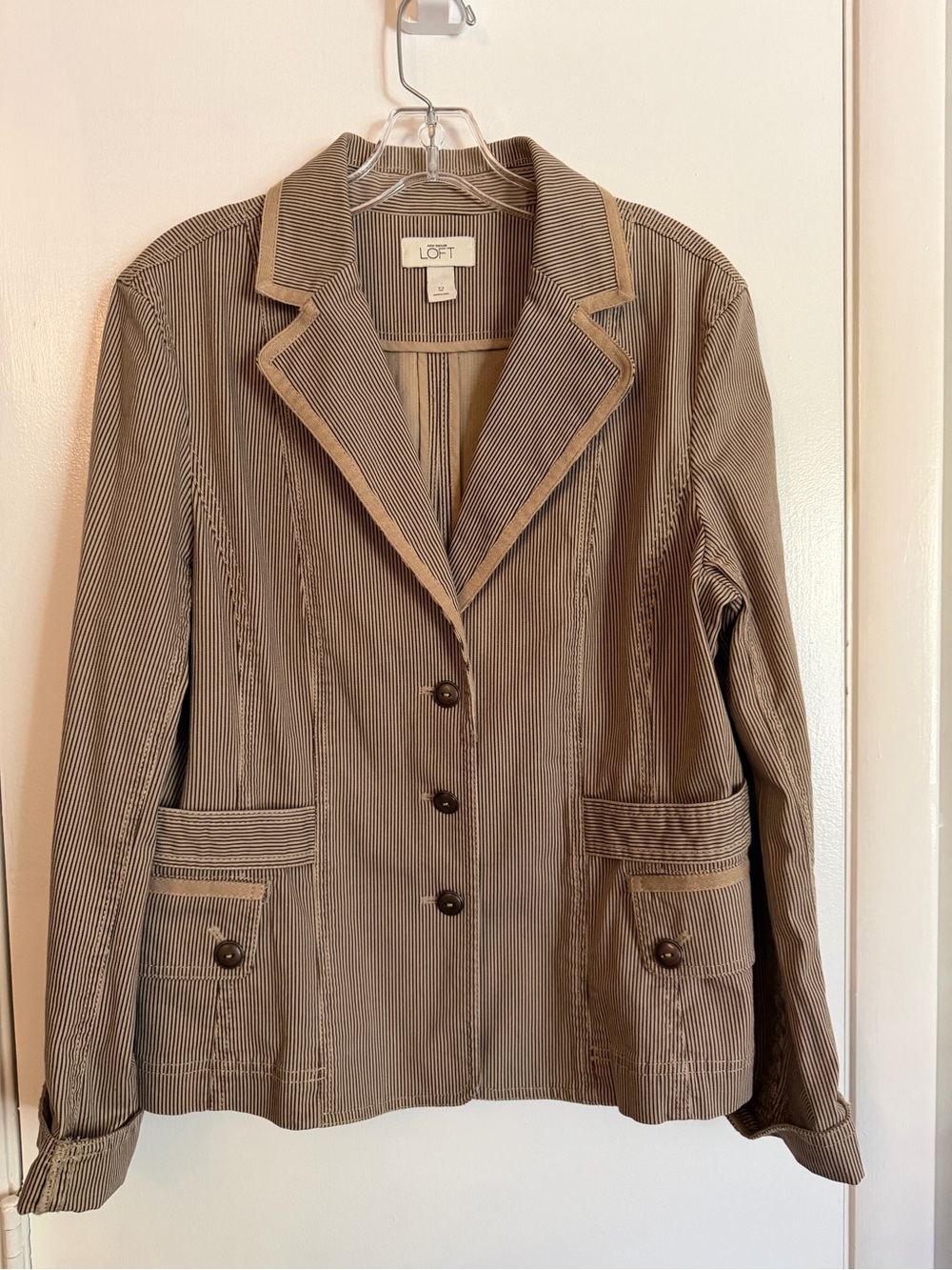 Ann Taylor Loft Striped Blazer Jacket Brown Tan Trim, Sz 12